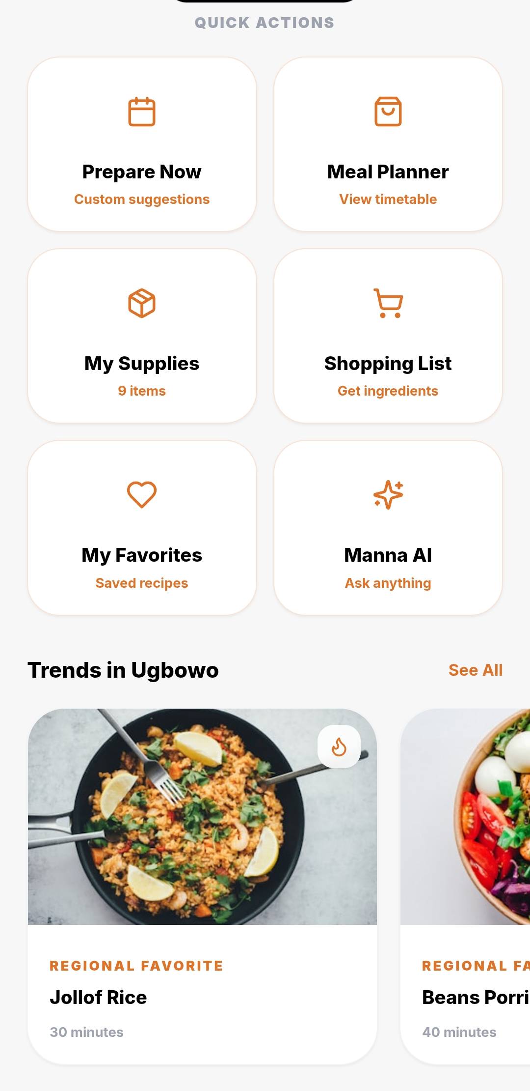 Manna AI — Home dashboard with quick actions: Meal Planner, My Supplies, Shopping List, MannaChat AI and trending meals