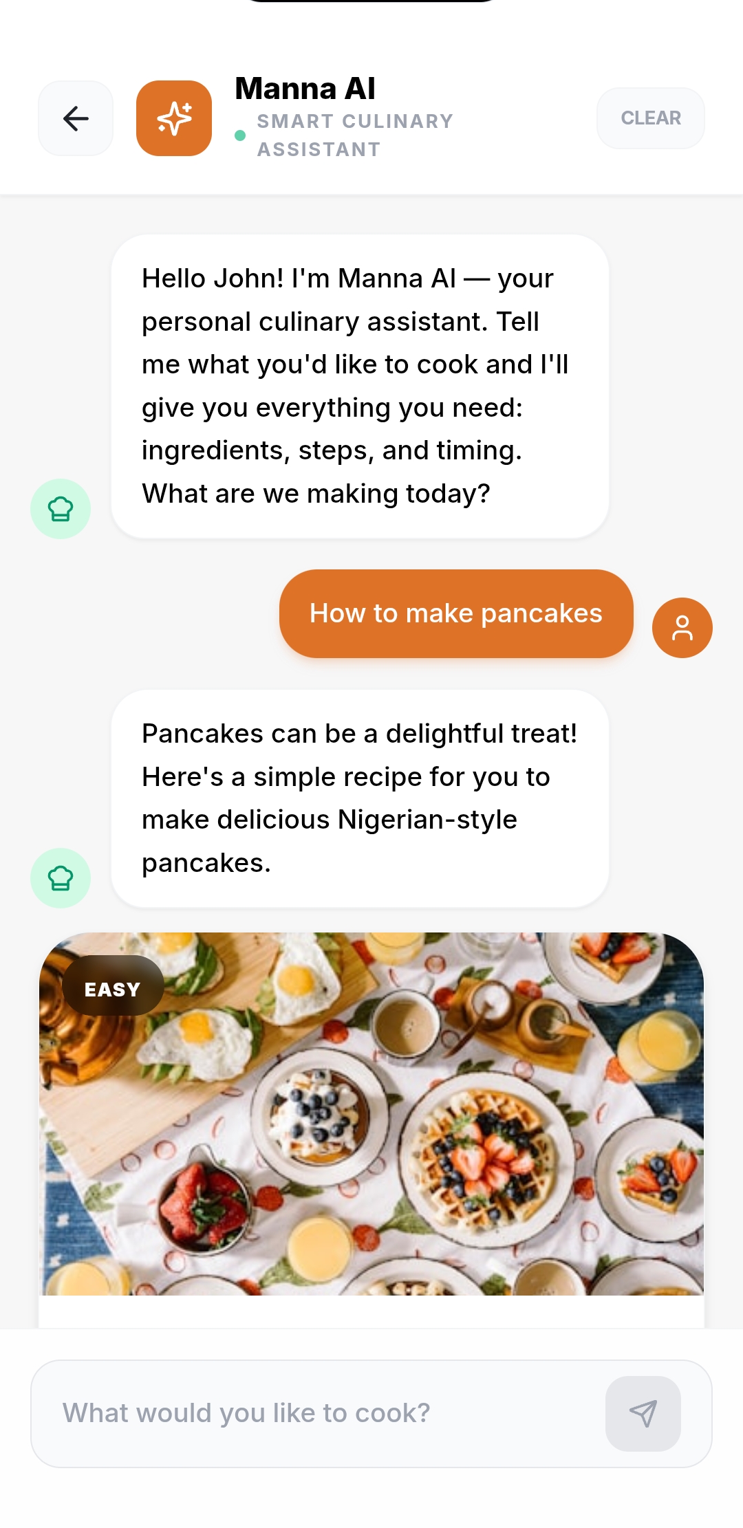 MannaChat AI — Asking how to make pancakes, AI responds with a full recipe and food photo