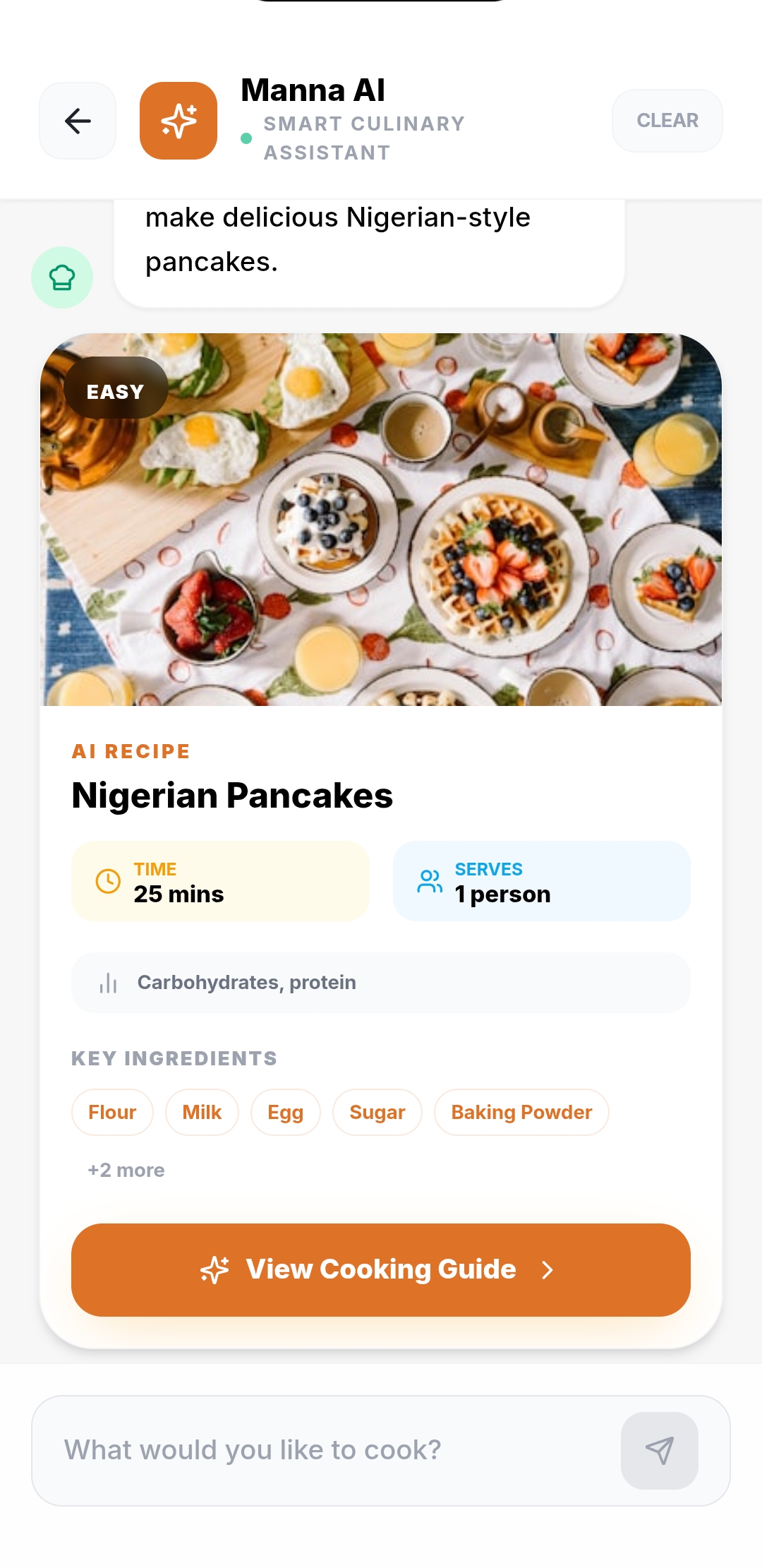 MannaChat AI Recipe card — Pancakes: 25 mins, 1 person, key ingredients, View Cooking Guide button