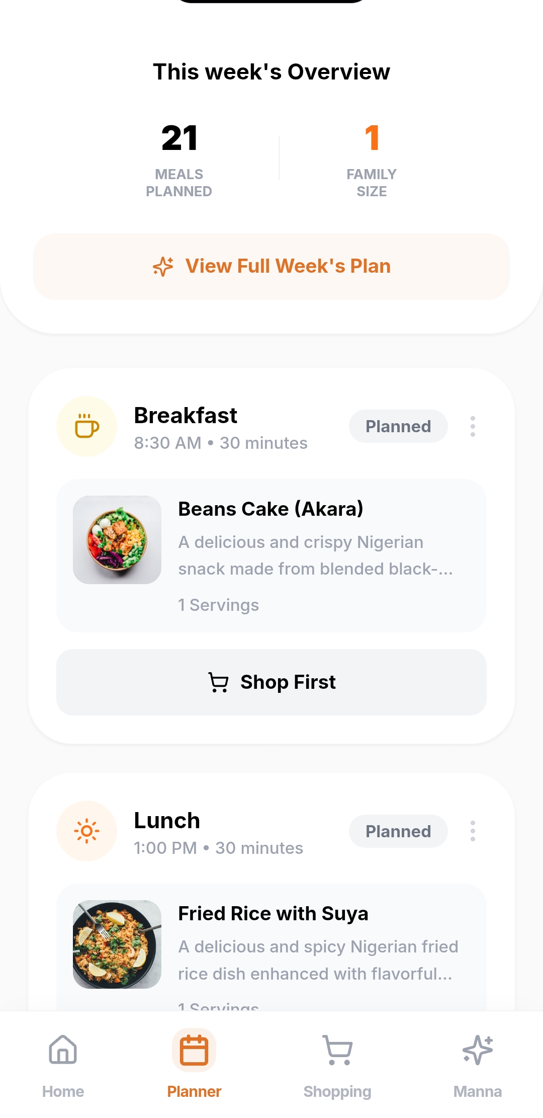 Manna AI — Daily meal planner showing today's Akara breakfast and Fried Rice with Suya lunch