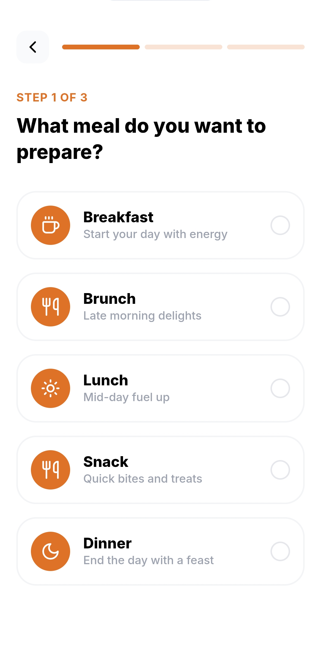 Prepare Now — Step 1: Choose your meal type: Breakfast, Brunch, Lunch, Snack or Dinner